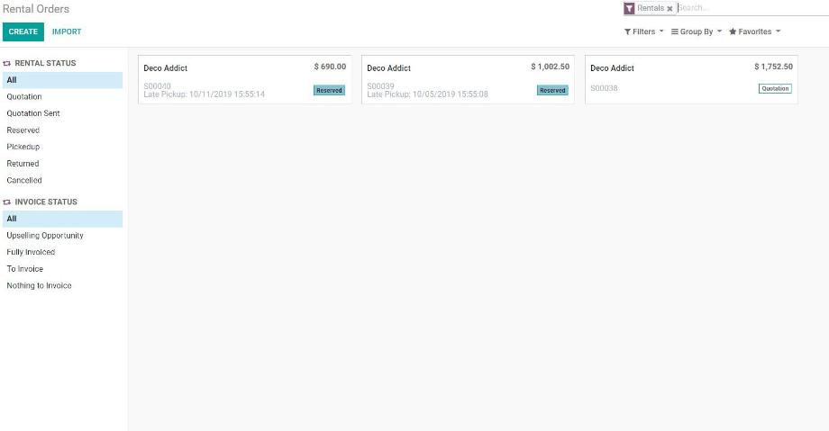 The module's dashboard provides an overview of the rental orders and their invoices and can be conveniently filtered by status.