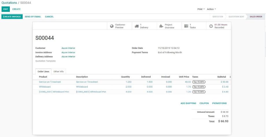 The completed task automatically generates a sales order in the Sales module.