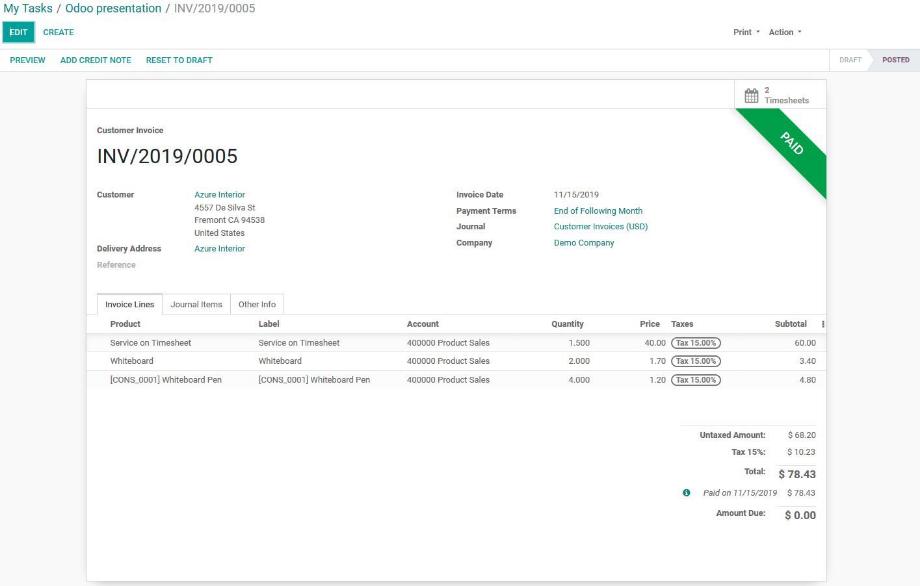 Similar to the sales order, the invoice is also linked in the task, can be confirmed from here, and the deposit be entered.