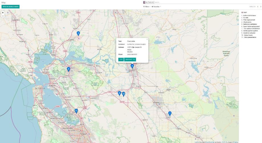 Die Kartenansicht zeigt alle Aufgaben auf der Karte und ermöglicht die Routenplanung mittels Google Maps.