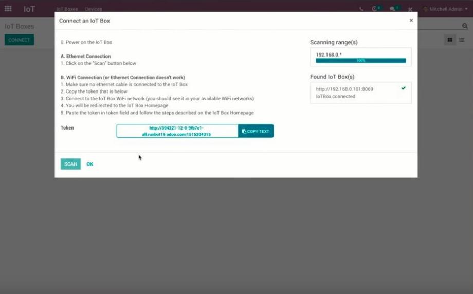 Connection of the IoT box with the Odoo IoT module.