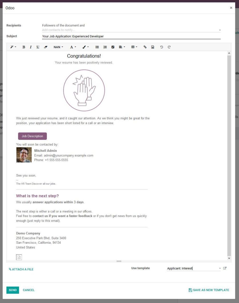 E-mail sending from Odoo to the applicant via e-mail template.