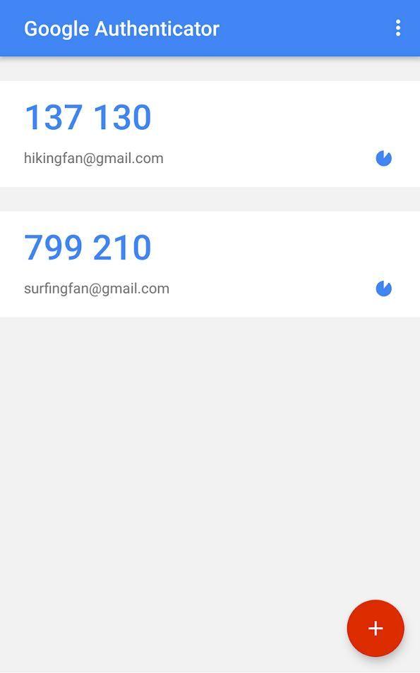 Overview of all active accounts within the Google Authenticator app.