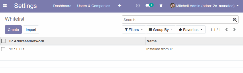 The configuration of the whitelist in Odoo.