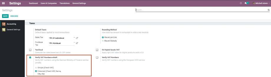 In the settings of the Finance module, the check of the VAT ID number is activated.