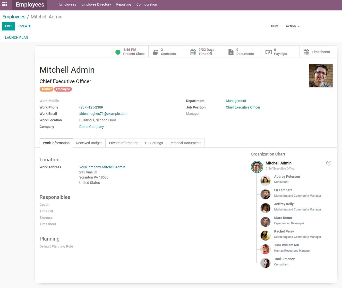 The configuration of the department structure - The organization chart in the employee object