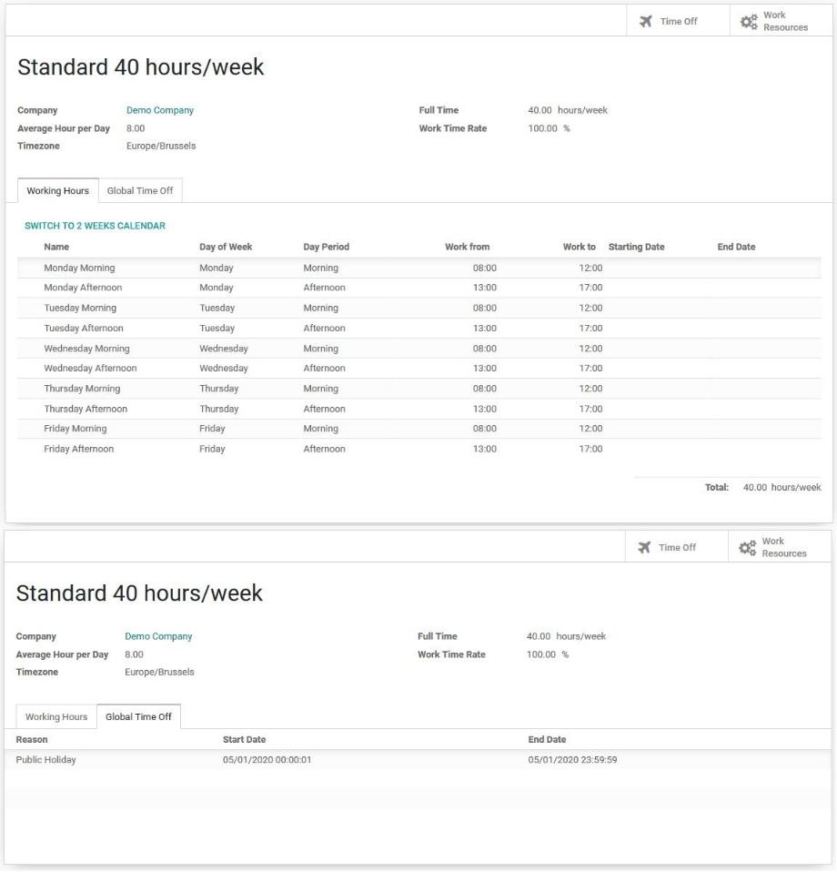 The configuration of the working time model including public holidays.