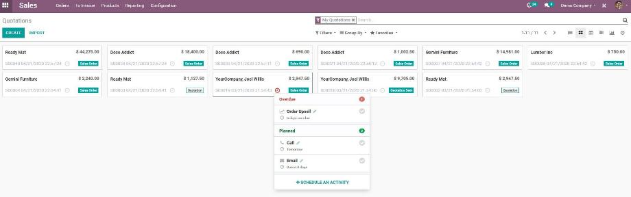 The activity planning in the kanban view, using the example of a sales order.