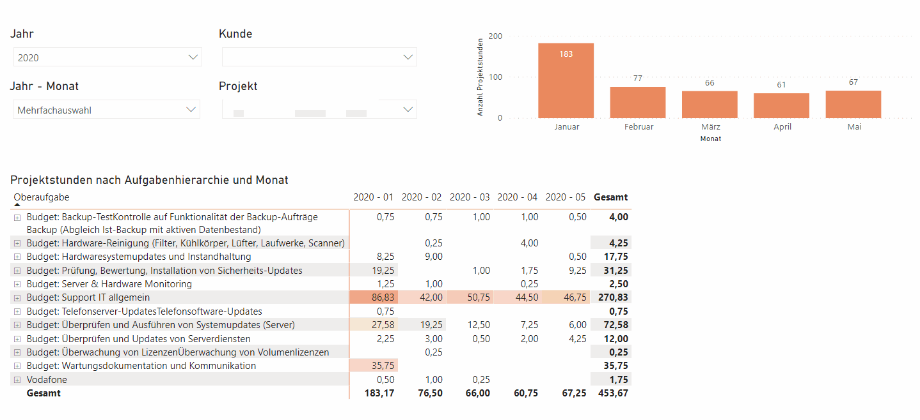 Task oriented evaluation of the project hours.