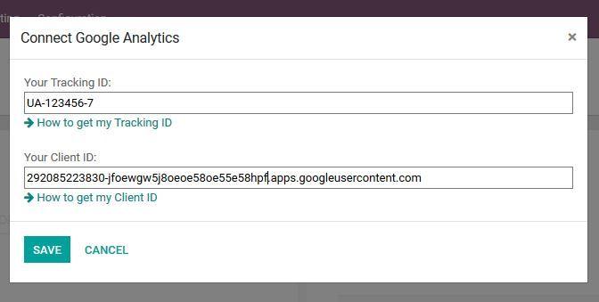 Entering the Tracking ID and the Client ID in Odoo.