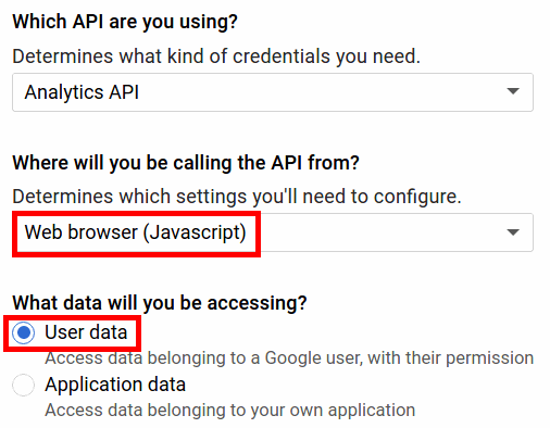 Configuration of the Analytics API in the Google API Console.