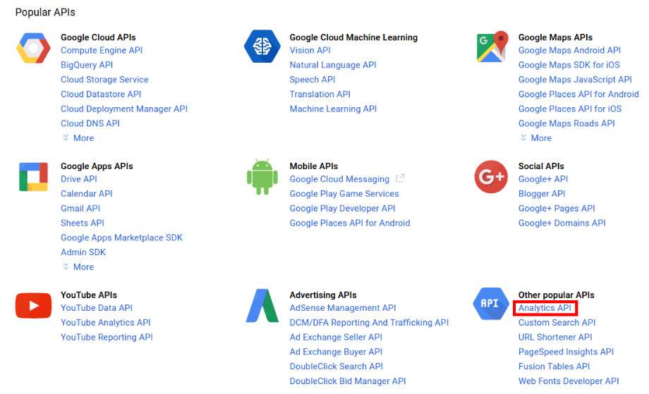 Auswahl der Analytics API in der Google API Console.
