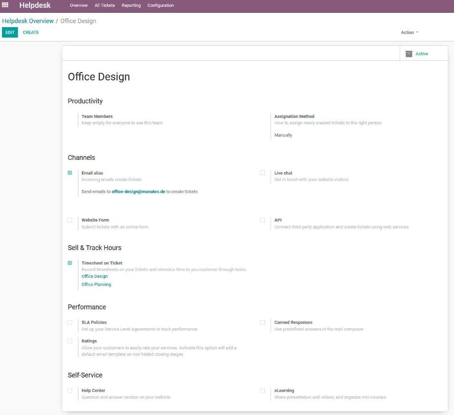 Module: Time recording of customer service tickets in the project task.