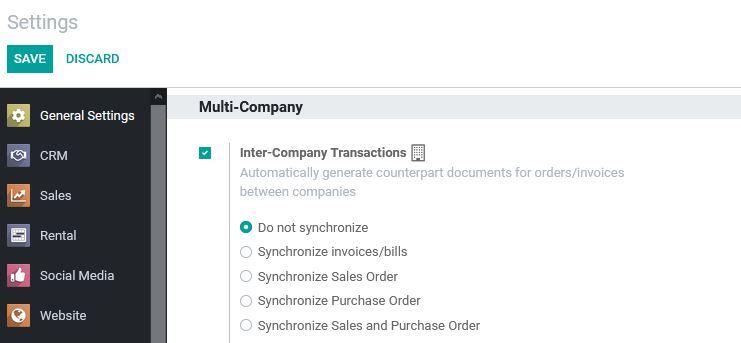 Activation of inter-company rules in Odoo.