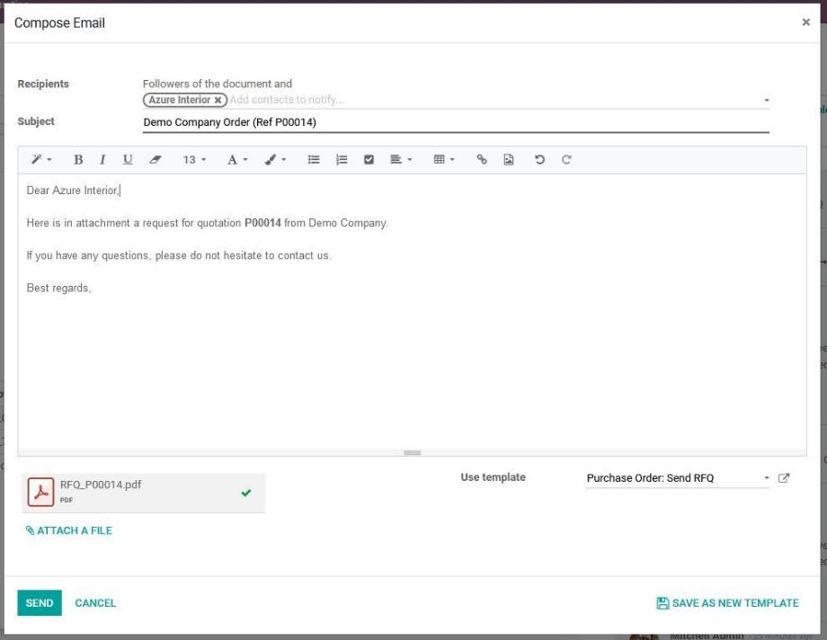 The E-mail to the supplier is sent directly from within Odoo.