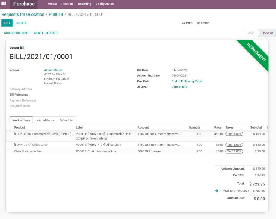 The invoice for the procurement order.