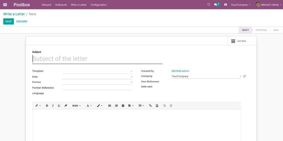 The creation of a new letter in Odoo.