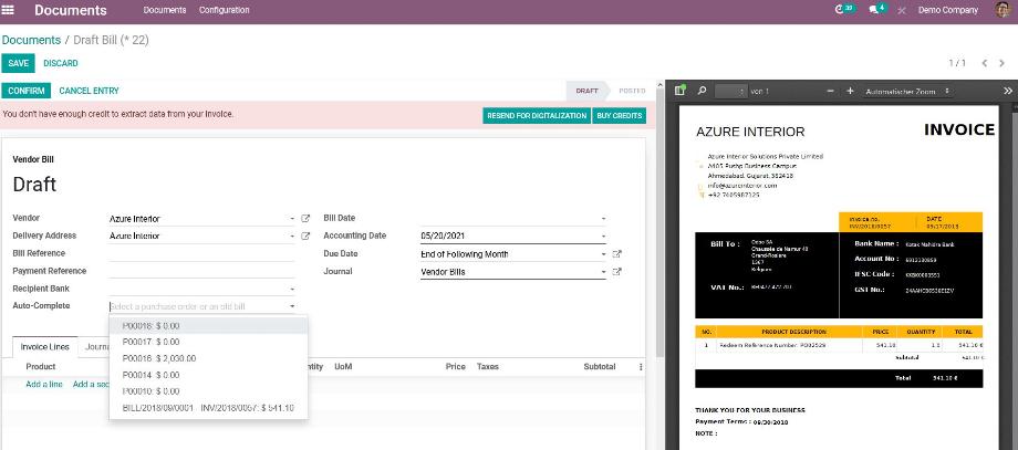 The digitalization and auto-complete of an invoice calculation.