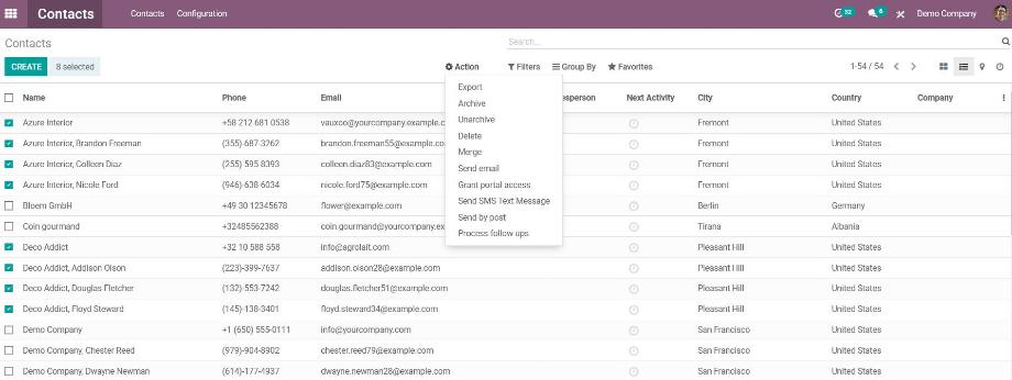 The selection of records for export using the Contacts module as an example.