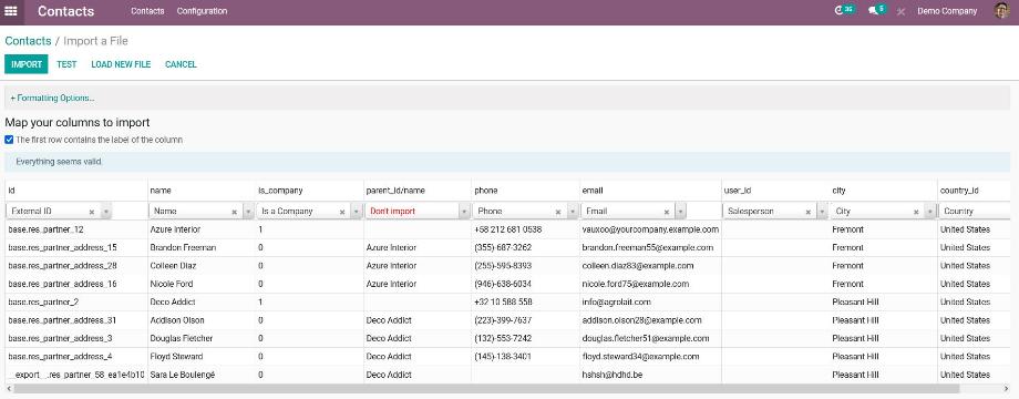 The assignment of the data fields via the table header and the successful test import.