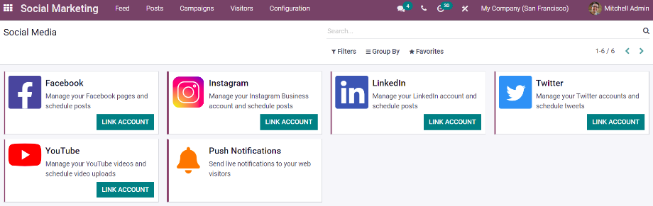 The overview of the social media channels, that can be connected to Odoo.