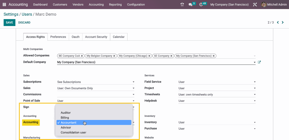 Access rights in the accounting module.