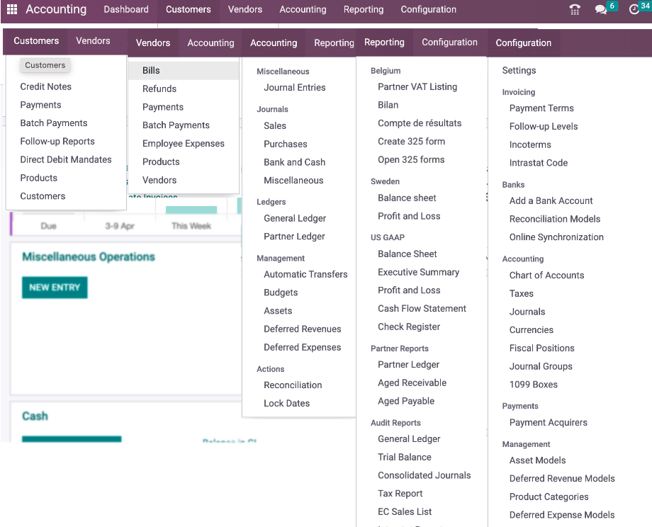 The menus in the accounting module.