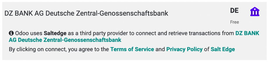 Die Auswahl der Bank mittels Salt Edge. Die Auswahl der Bank mittels Salt Edge.