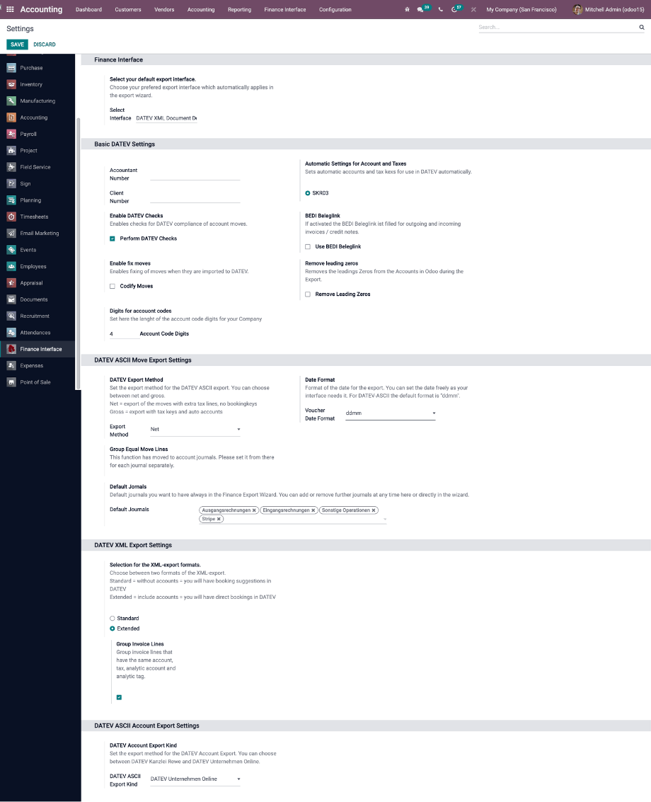 Configuration mask for the booking import, here with the German coding and country setting.