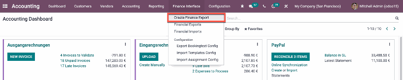 Die drei Hauptfunktionen des Finance Interface: Finanzexport erstellen, Finanzexporte, Finanzimporte.