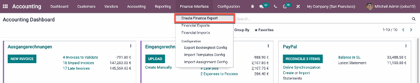 Die drei Hauptfunktionen des Finance Interface: Finanzexport erstellen, Finanzexporte, Finanzimporte. Die drei Hauptfunktionen des Finance Interface: Finanzexport erstellen, Finanzexporte, Finanzimporte.