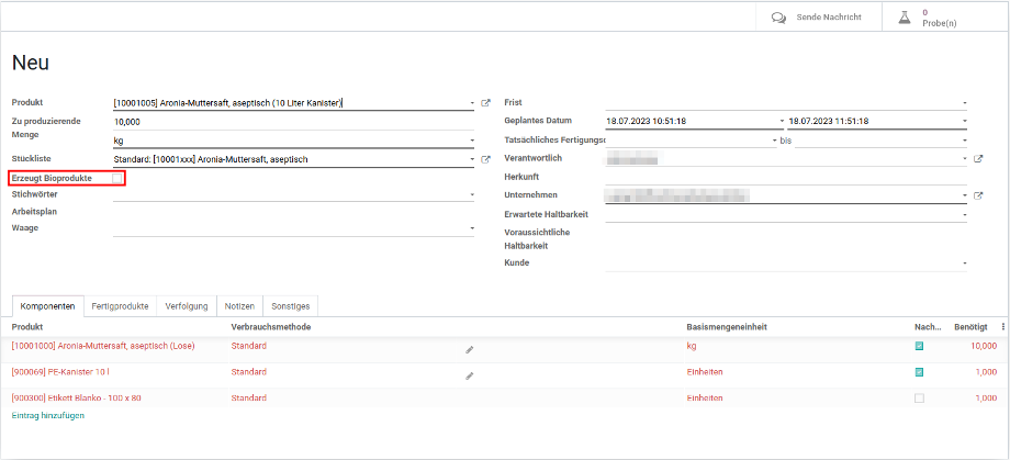 In the "Manufacturing" module, the necessary production steps and other information are displayed.