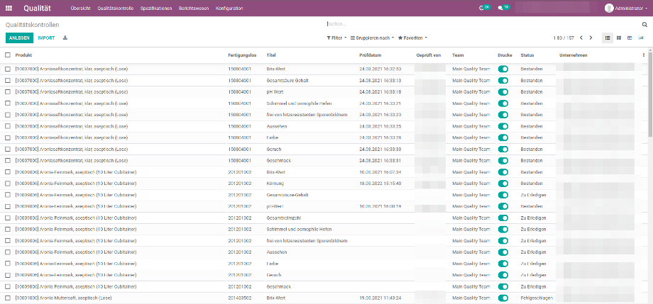 The overview of all quality controls in the "Quality" module.