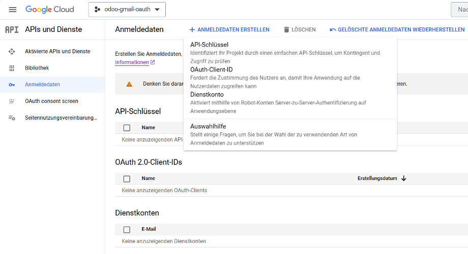 Oauth2 Anmeldedaten anlegen Oauth2 Anmeldedaten anlegen
