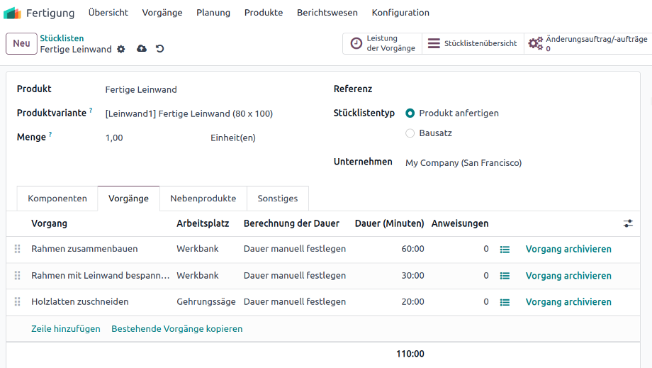 Ablage der Vorgänge in einer Stückliste