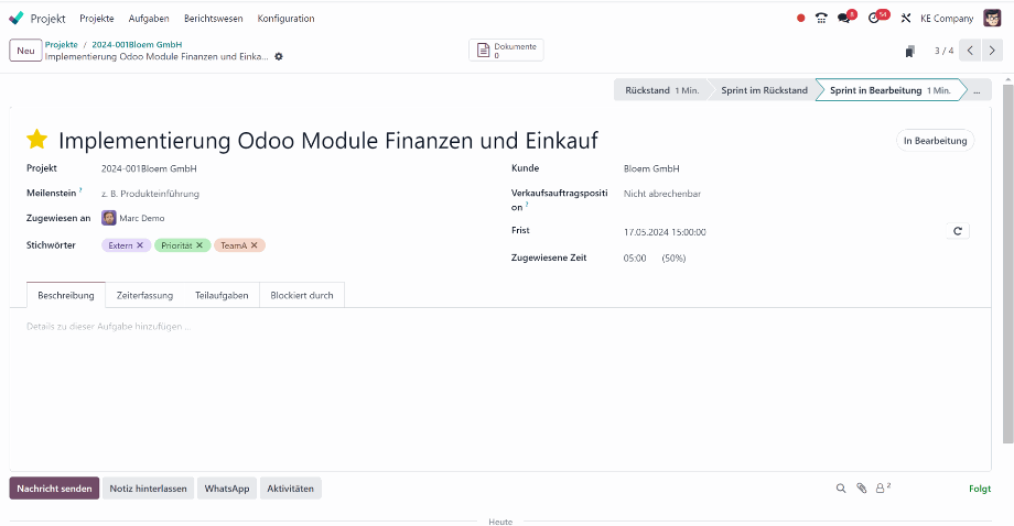 Die Einstellungsmöglichkeiten einzelner Aufgaben in Odoo Die Einstellungsmöglichkeiten einzelner Aufgaben in Odoo
