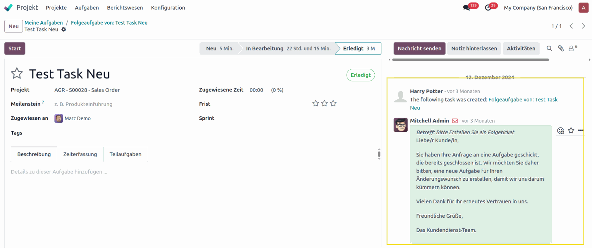 Automatische Mail und Folgetask