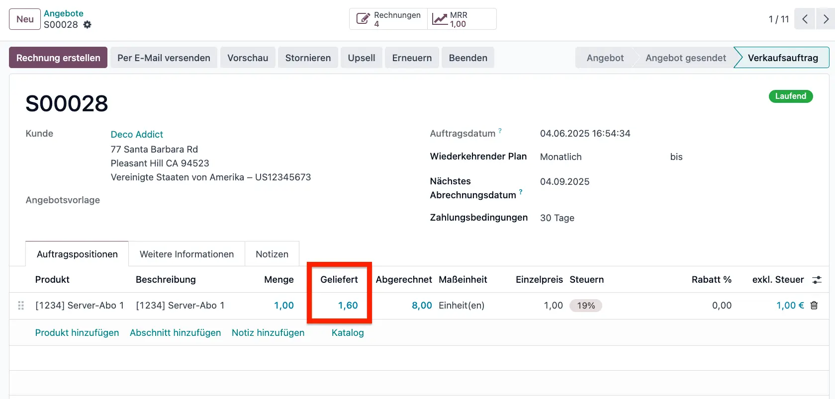 Auftrag in Odoo