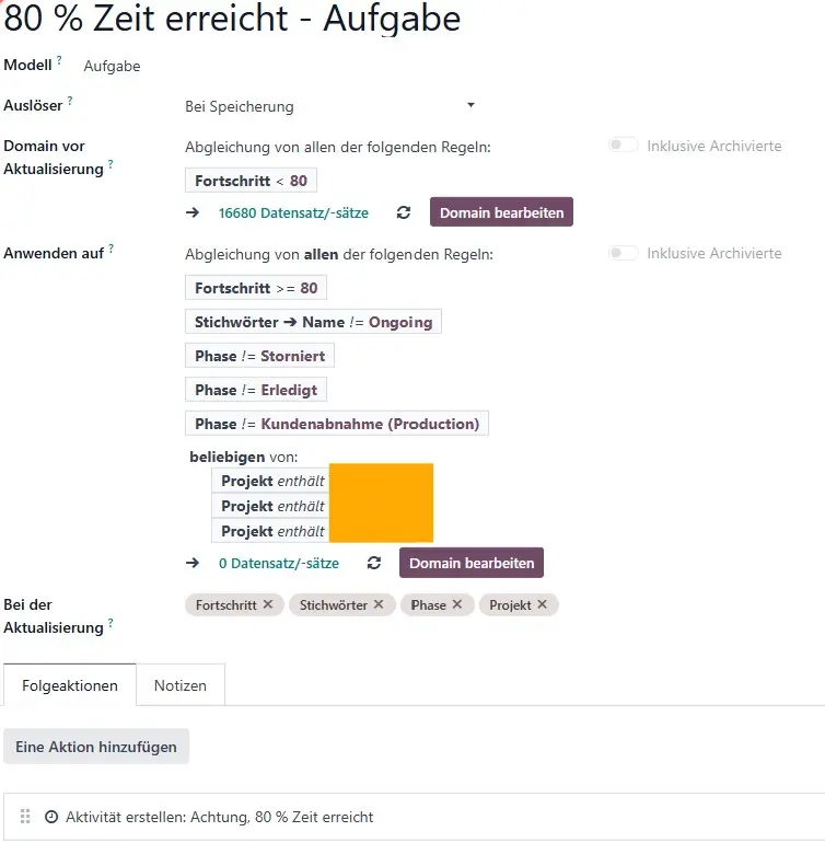 Warnung bei 80% aufgebrauchtem Zeitbudget