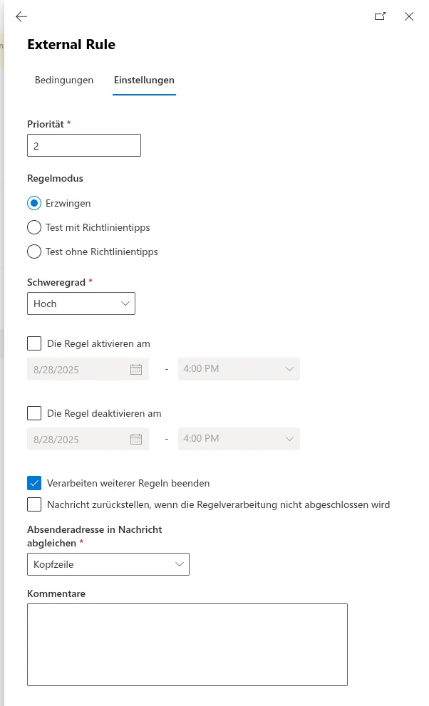 Die Catch-all-Regel-Einstellungen für externe Absender.