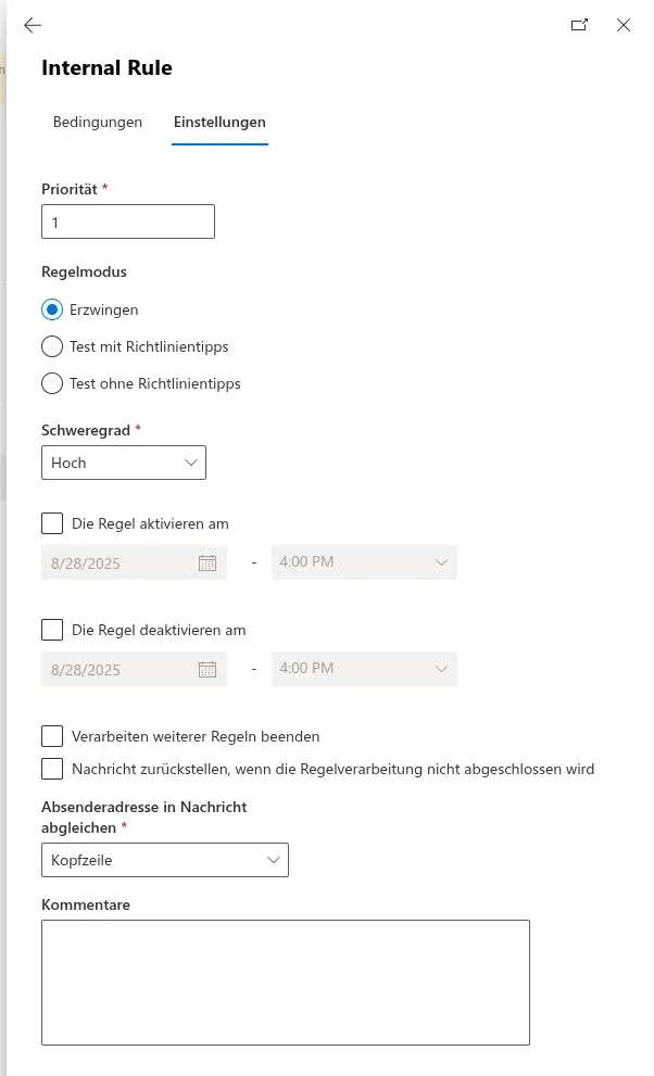 Die Catch-all-Regel-Einstellungen für interne Absender.