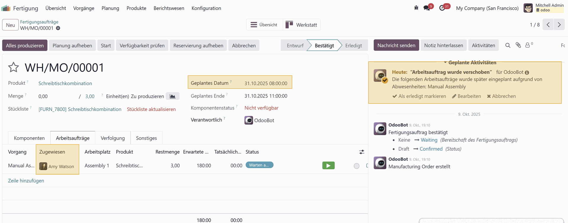 Arbeitsauftrag wurde verschoben Meldung bei wegen Abwesenheit verspätetem Arbeitsauftrag,