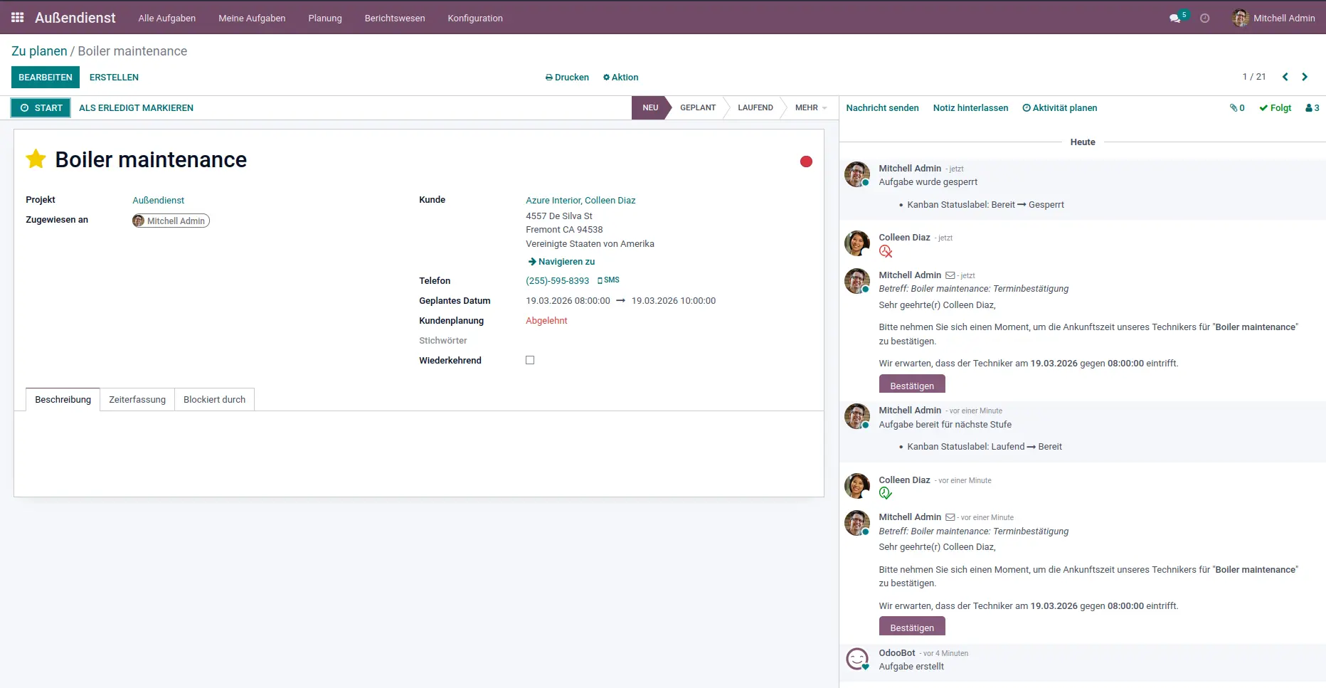 manaFSM Koordination Terminbestätigung Übersicht