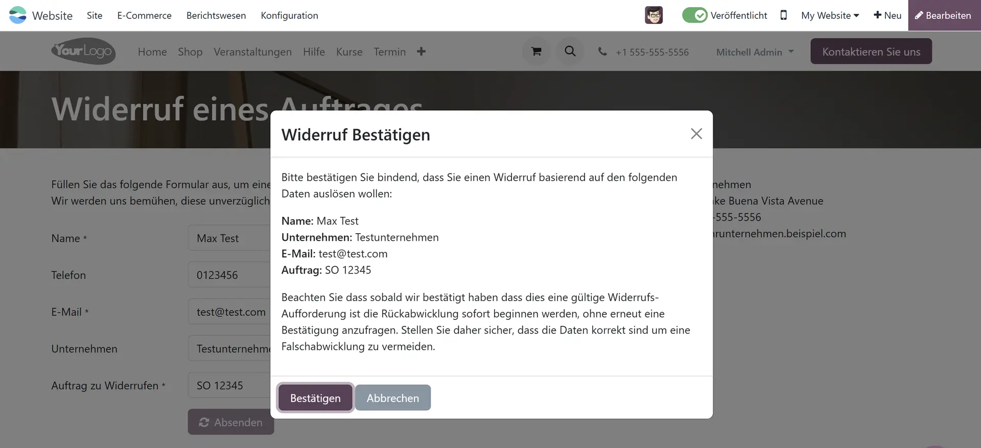 Widerrufsbutton Formular bestätigen auf der Website