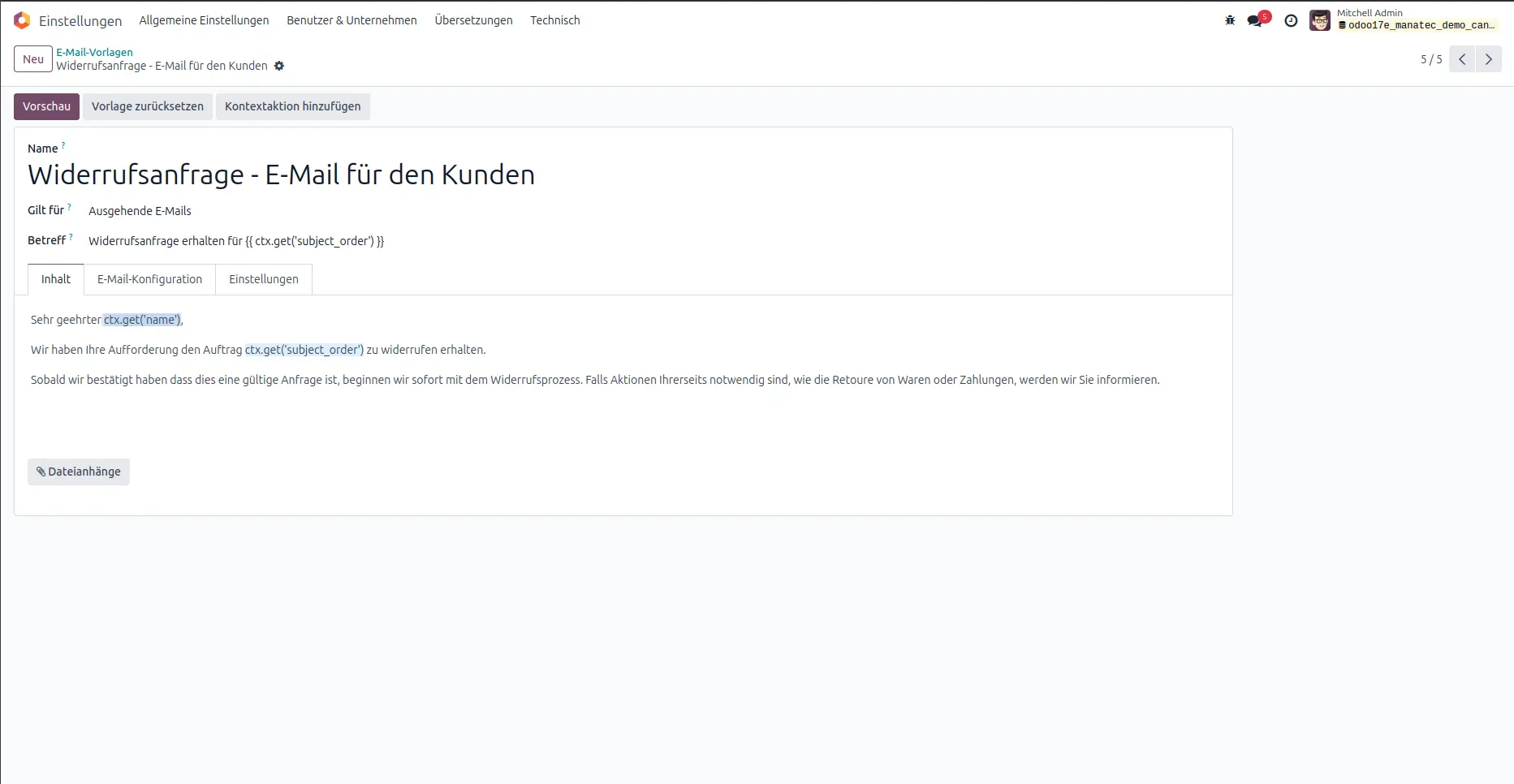 Widerrufsbutton Mailvorlage