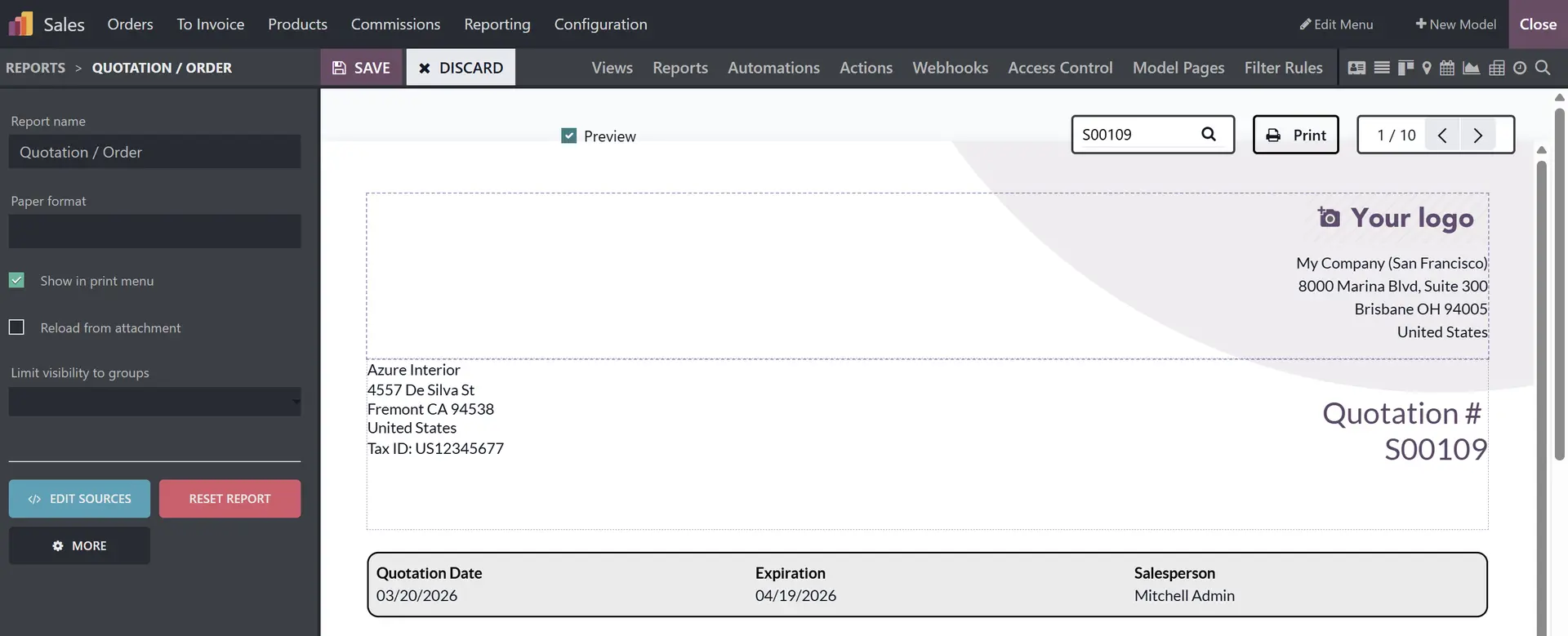 Odoo Studio Verkaufsauftrag Beispiel