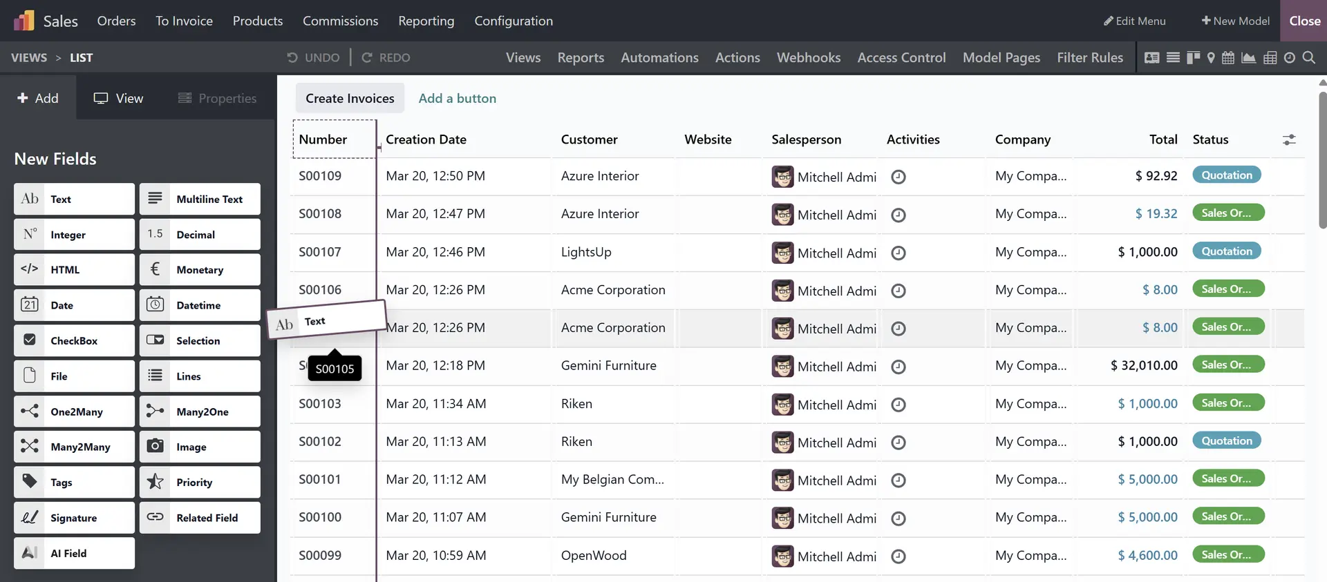 Benutzeroberfläche von Odoo Studio