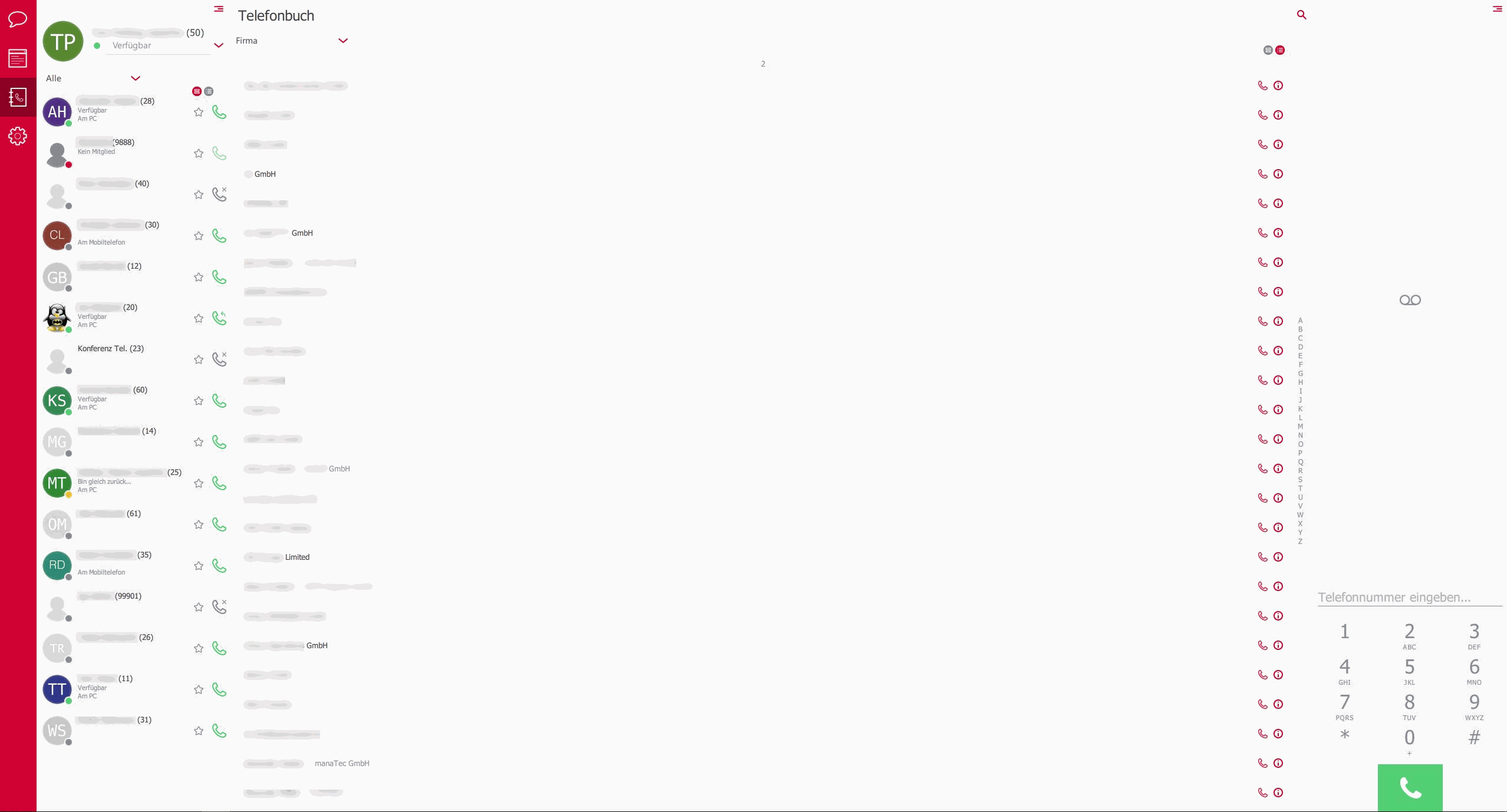 Interne und externe Kontakte werden übersichtlich in Pascom dargestellt und können mittels Suchfunktion schnell gefunden werden Interne und externe Kontakte werden übersichtlich in Pascom dargestellt und können mittels Suchfunktion schnell gefunden werden