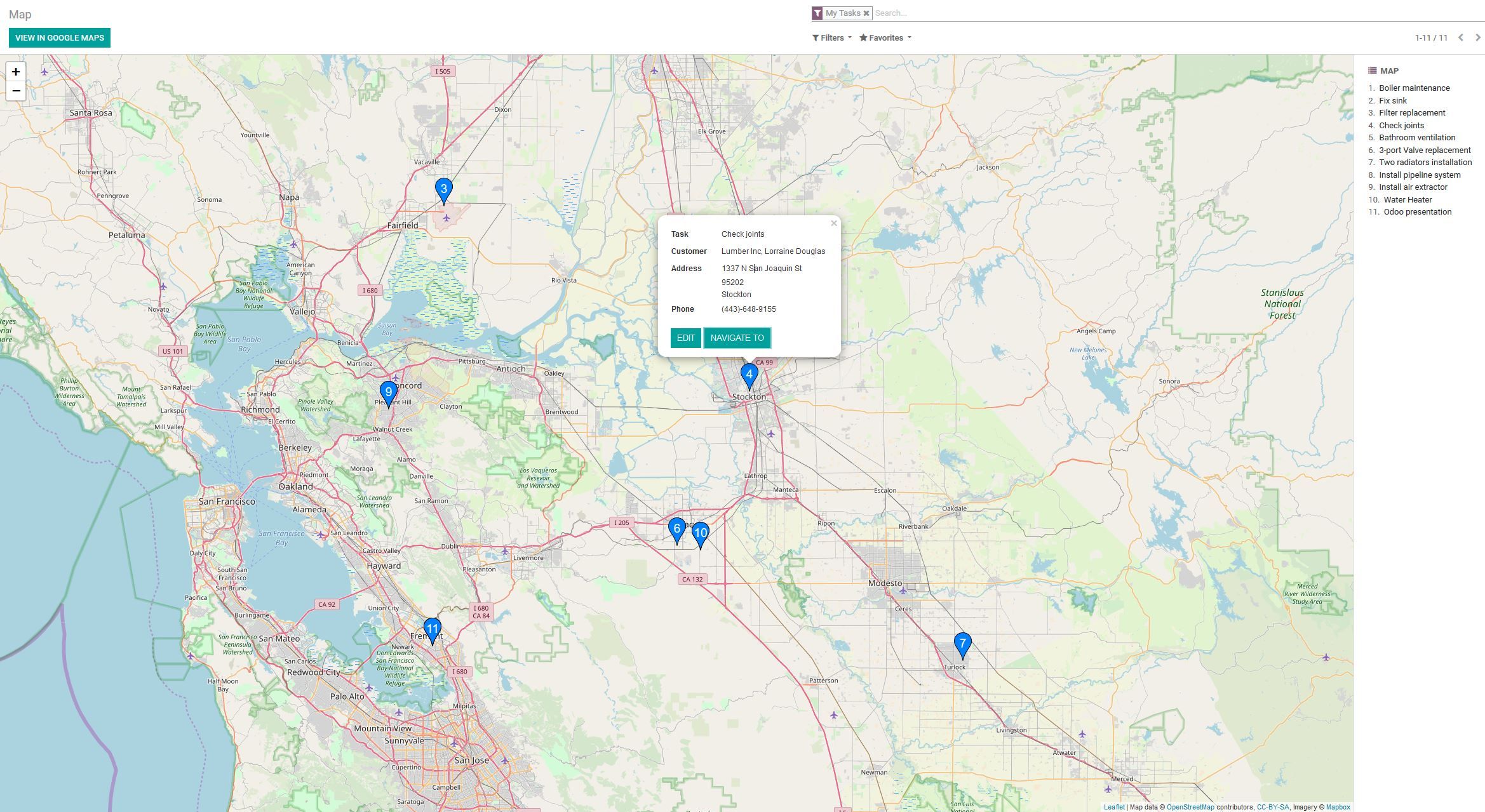 Die Kartenansicht zeigt alle Aufgaben auf der Karte und ermöglicht die Routenplanung mittels Google Maps
