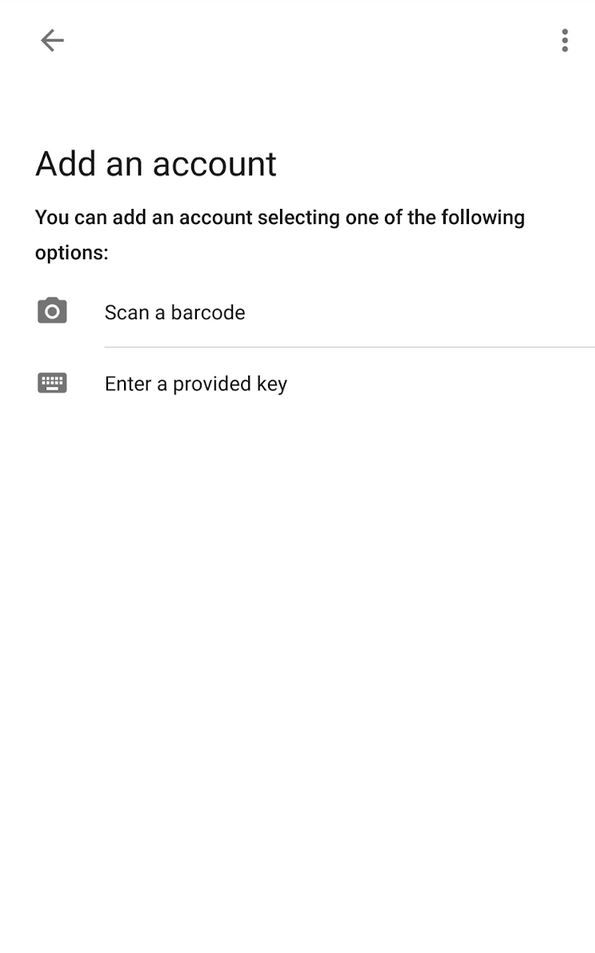 Hinzufügen eines Kontos innerhalb der Google Authenticator App mittels Barcode-Scan oder Eingabe des Secret Codes
